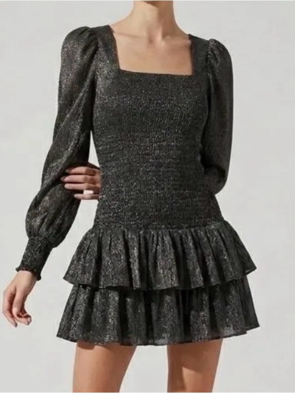 DO+BE Black Metallic Square-Neck Ruffle Mini Dress